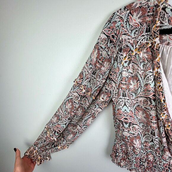 Anthropologie Ruffle Surplice Blouse Open Top Smocked Waist Floral Paisley Pt M - Picture 6 of 16